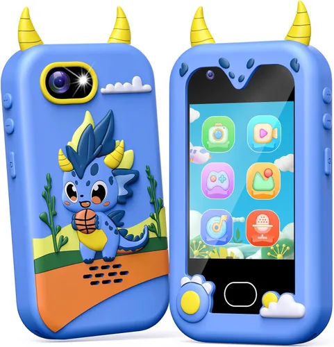 Lapare - Teléfono inteligente para niños, 2.8'' de pantalla táctil HD con cámara doble para niños, teléfono de juguete de dinosaurio para