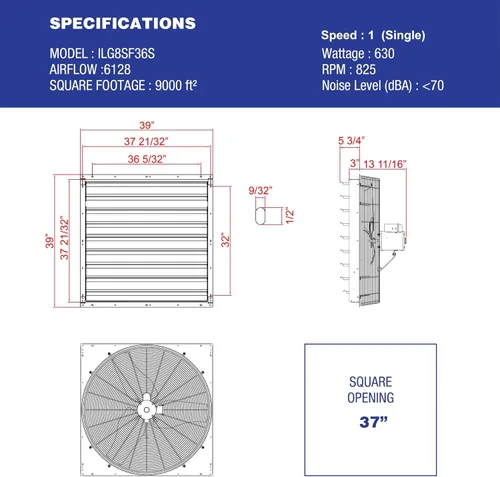 Miniatura 3 de iLIVING Ventilador de obturación de velocidad variable montado en la pared, Aluminio, Plateado, 36