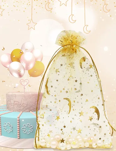Miniatura 3 de Jexila 100 bolsas de regalo de organza dorada de 4 x 6 pulgadas, pequeñas bolsas de joyería con cordón de malla, bolsa de regalo para bodas, Dorado