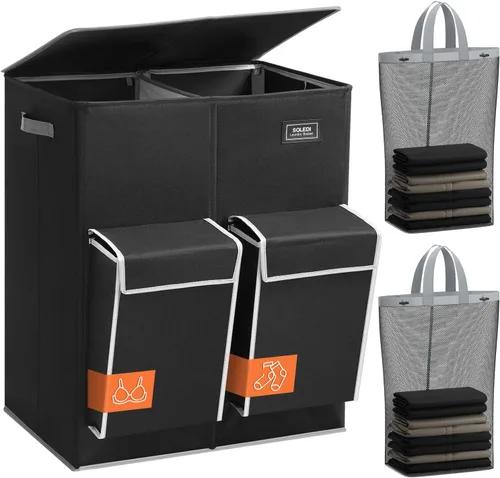 Miniatura 13 de SOLEDI Cesta doble para la ropa sucia con tapa, 47.8 galones (180 litros), cesta grande para lavandería, 2 secciones con 2 bolsillos laterales, Gris
