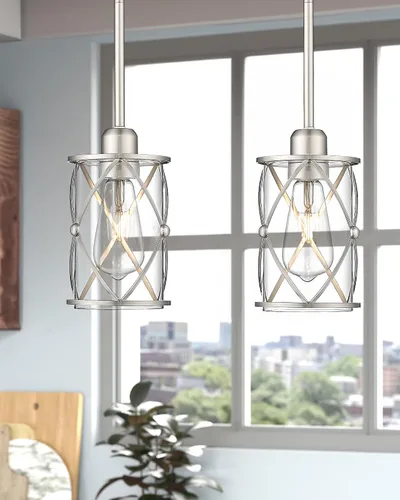 Miniatura 5 de Luces Colgantes de Níquel Cepillado para Isla de Cocina Paquete de 3, Iluminación Colgante de Vidrio para Cocina sobre Isla con Varilla, Moderna