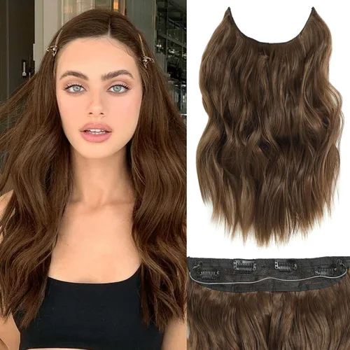 Miniatura 27 de Extensiones de cabello con halo de 12 pulgadas con alambre invisible, cabello largo ondulado ajustable, sintético, mejora con 4 clips de seguridad