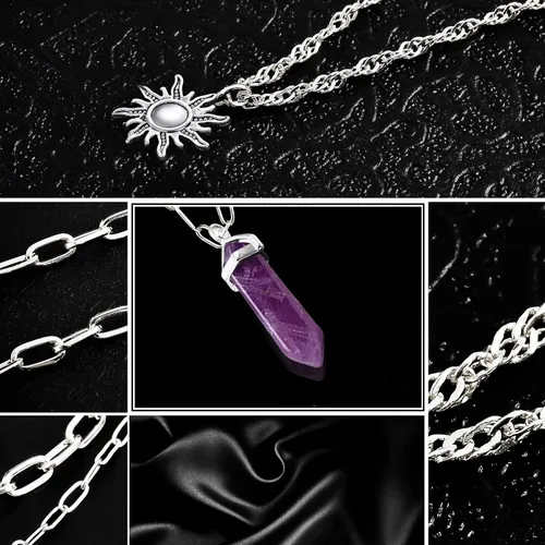 Miniatura 7 de MJartoria Collar de pentagrama de luna, collar de chakra de cristal, colgante, con dije, cadena de aleación multicapa, conjunto de gargantilla