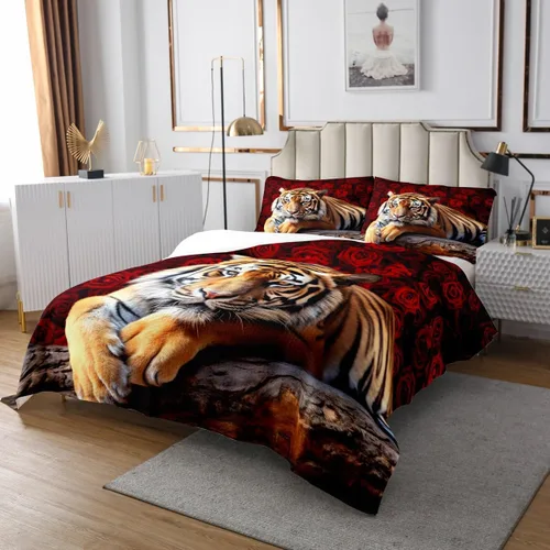 Miniatura 3 de Erosebridal Juego de colcha de tigre tamaño Queen, diseño romántico floral de safari con flores rojas para adultos, hombres, mujeres, niños y niñas