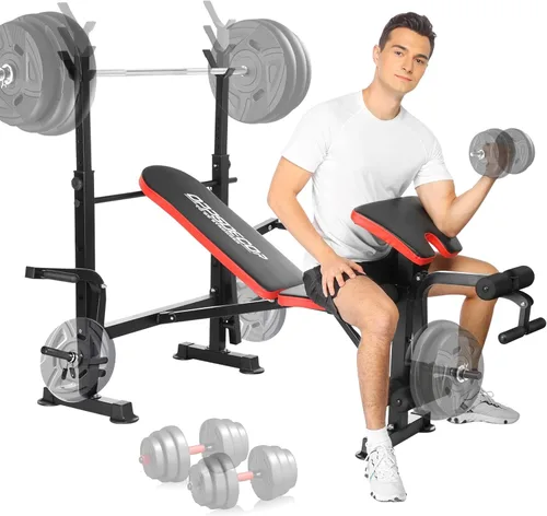 Miniatura 9 de OPPSDECOR Juego de banco de pesas todo en uno de 900 libras con estante para sentadillas, banco de entrenamiento ajustable con desarrollador