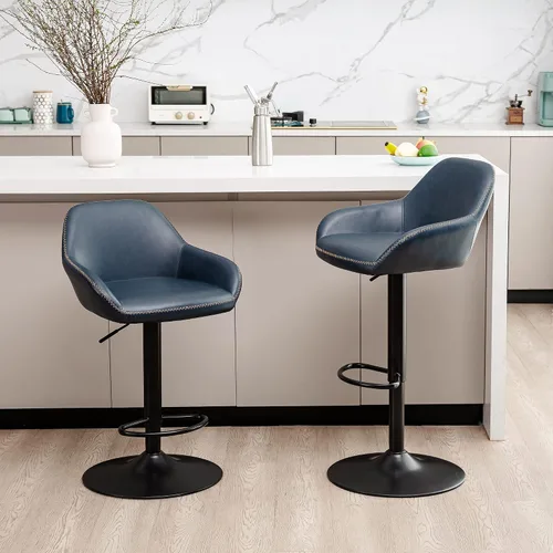 Miniatura 14 de Glitzhome Taburete de bar giratorio, taburetes de bar ajustables con soporte trasero y reposapiés, silla de bar tapizada de piel sintética