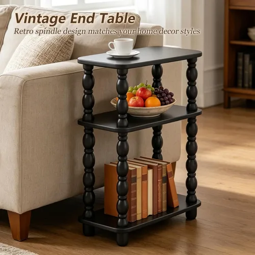 Miniatura 4 de Mesa auxiliar estrecha, mesa auxiliar pequeña con estante de 3 niveles, mesa auxiliar retro para sala de estar, mesa auxiliar vintage de granja