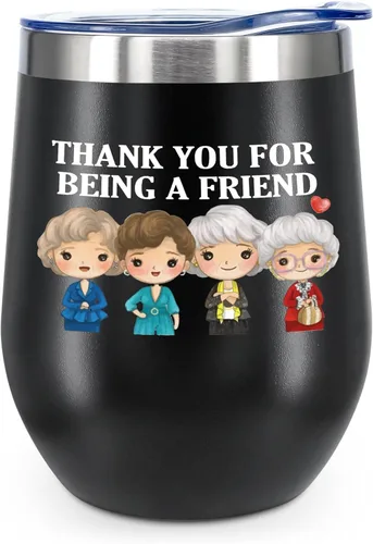 ATHAND Regalos dorados para niñas, vaso de vino de 12 onzas con tapa con texto en inglés "Thank You for Being a Friend", regalo para mejores amigas,
