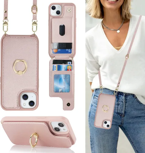 Lipvina Funda para iPhone 14 Plus con tarjetero y correa para mujer, cordón cruzado, bloqueo RFID, soporte de anillo de soporte, cierre a presión,