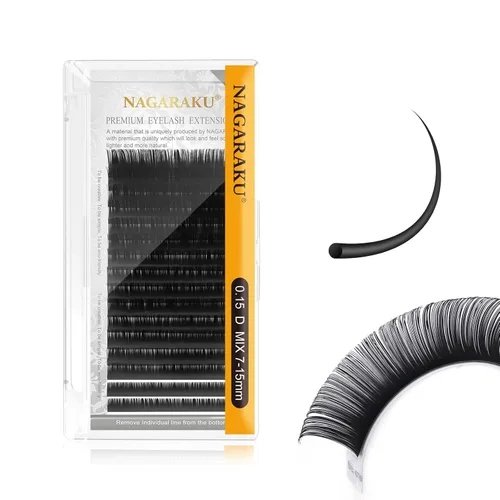 Miniatura 139 de NAGARAKU Extensiones de pestañas, pestañas individuales, 0.05mm, rizo D, 15mm, clásico, negro mate, suave, natural, profesional, 16 filas, 0.05-D
