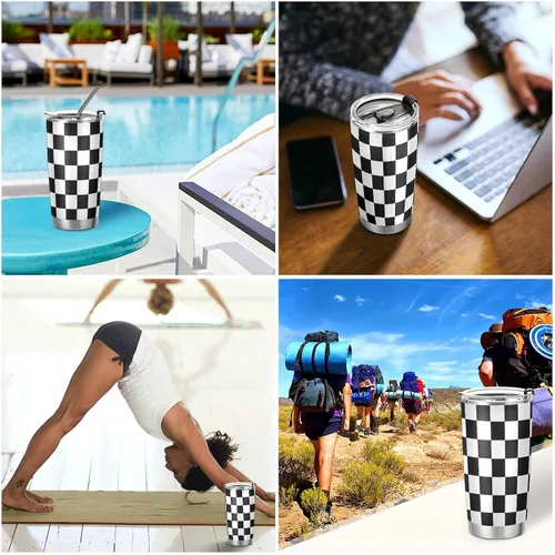 Miniatura 7 de CaTaKu Vaso de carreras con bandera a cuadros de 20 onzas con tapa y pajita, acero inoxidable a cuadros en blanco y negro, aislado al vacío, taza