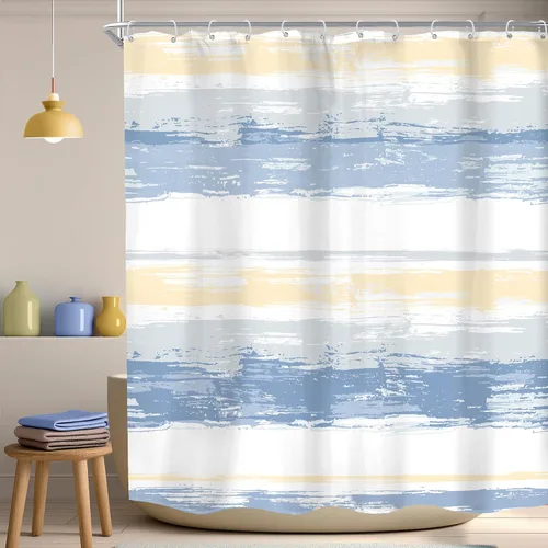 Miniatura 8 de KOMLLEX Cortina de ducha abstracta azul para decoración de baño, 72 pulgadas de ancho x 72 pulgadas de alto, moderna, a rayas blancas y grises