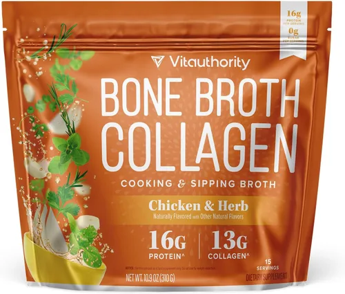 Vitauthority Caldo de Huesos de Colágeno Sabor Delicioso a Pollo con Fideos - Lleno de 16g de Proteína y Tipos I, II, III - Nutre la Piel, el