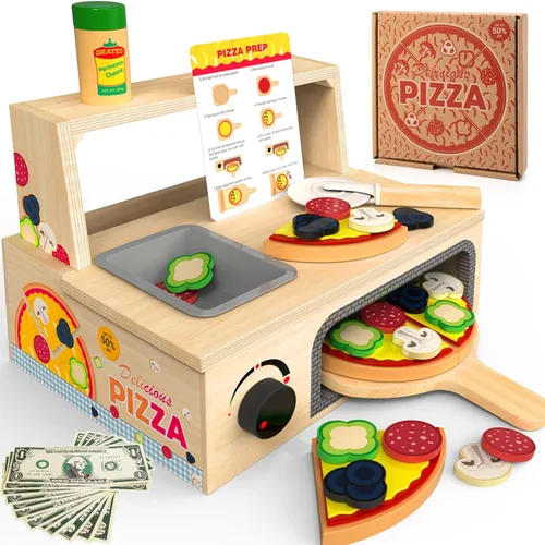 WOODMAM Juguete de pizza de madera – 48 piezas Montessori pretender Play Food para mayores de 3 años, juguete educativo de aprendizaje de madera con