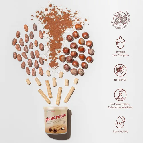 Miniatura 3 de Pirucream Obleas enrolladas con avellana de chocolate, alcalina orgánica 100% cacao, sin grasas trans, conservantes, colorantes o aditivos y sin