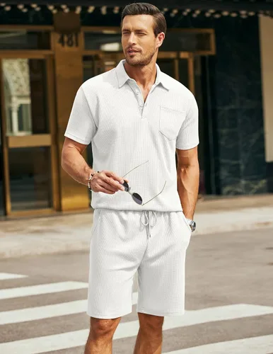 Miniatura 52 de COOFANDY Conjunto de camisa polo y pantalones cortos de punto gofre para hombre, conjunto de 2 piezas, traje de verano casual con bolsillos
