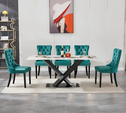 Miniatura 3 de Juego de mesa de comedor de mármol blanco de lujo para 6, 70 pulgadas, mesa de comedor de mármol blanco con 6 sillas de terciopelo verde y base