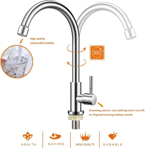 Miniatura 4 de Solo grifo de agua fría, níquel cepillado, acero inoxidable de un solo mango, grifos de un solo agujero, grifo de fregadero de agua fría de arco