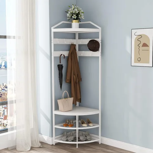 Miniatura 10 de GiftGo Árbol de pasillo de esquina con banco de zapatos, perchero de entrada con 10 ganchos móviles de metal, estante para zapatos, organizador
