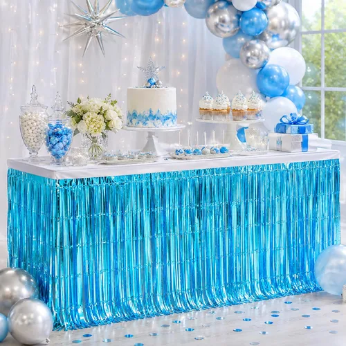 Miniatura 11 de Faldas de mesa de oropel de papel metálico con flecos para mesas rectangulares, cortinas de serpentina, telón de fondo para cumpleaños, boda
