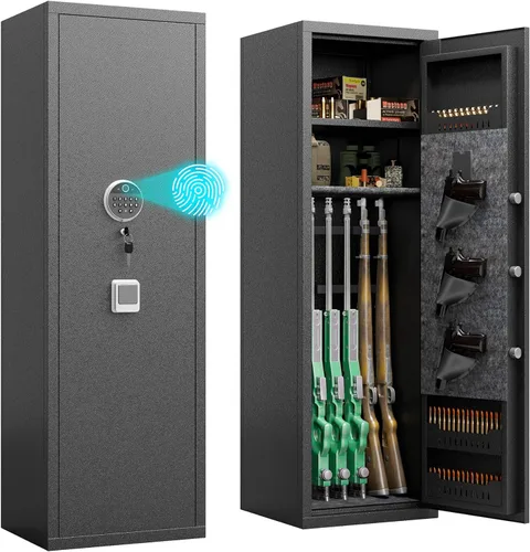 [No requiere montaje] Caja fuerte para armas 8-12 para rifles y pistolas, bloqueo biométrico de huellas dactilares y teclado, caja fuerte para