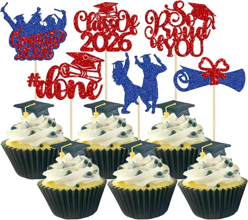 Miniatura 44 de Gyufise 24 piezas de decoración para cupcakes con purpurina para graduación 2026, decoración de pasteles para graduación 2026, decoración de Negro