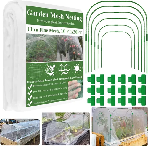 Kit de red de malla para jardín, cubiertas para plantas de 10 x 30 pies, red de malla ultra fina y 6 aros de jardín y 18 clips, kit de red de jardín