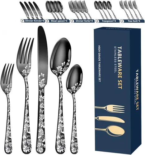 Miniatura 7 de Juego de cubiertos para 12 cubiertos, 60 piezas, diseño único de patrón de flores, utensilios de cocina de acero inoxidable, juego de cubiertos Oro