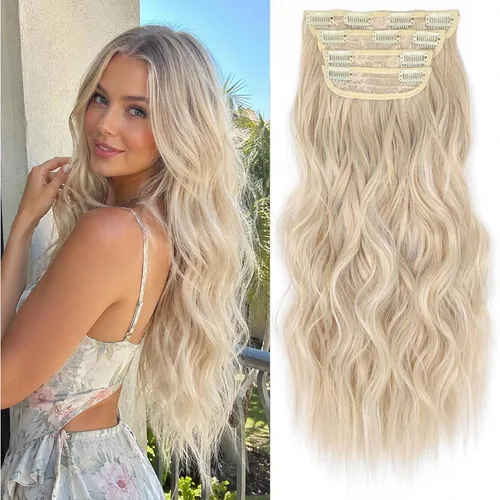 Miniatura 22 de Extensiones de cabello sintético con pinzas, largas y lacias, gruesas, extensiones de cabello natural de fibra de color rubio 613 de doble trama, 20