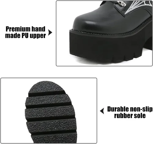 Miniatura 2 de mikarka Botas de plataforma con cadena para mujer, con cordones y cremallera, tacón grueso, botines de combate negros, botas de motocicleta