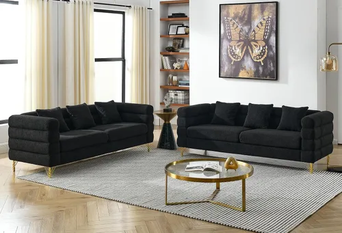 Miniatura 7 de Juego de 2 sofás para sala de estar, cómodo sofá de bouclé con sofá cama y sofá de 3 plazas, sofá tapizado con 2 almohadas y diseño de asiento