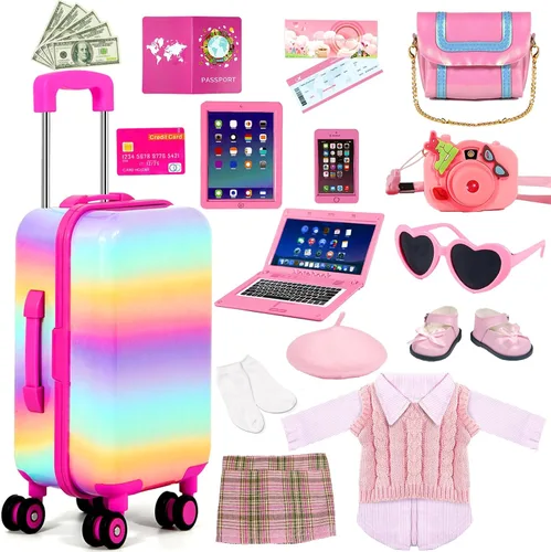 Miniatura 2 de WONDOLL 27 piezas de ropa y accesorios para muñecas americanas de 18 pulgadas - juego de viaje, maleta de equipaje, ropa y zapatos, bolso, gafas