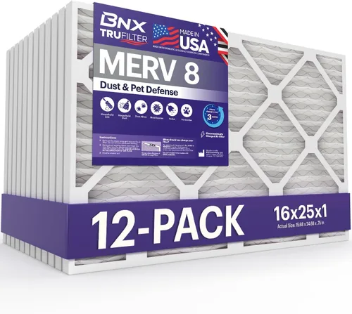 BNX TruFilter - Filtro de aire MERV 8 de 16 x 25 x 1 pulgadas (paquete de 12) – Fabricado en Estados Unidos – Protección contra el polvo y las
