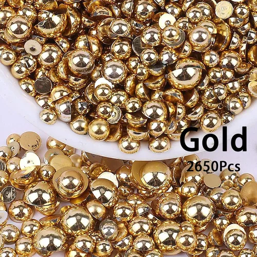 Miniatura 3 de 5300 cuentas doradas y plateadas de media perlas, varios tamaños, perlas de espalda plana, gemas de uñas, cuentas redondas de plástico ABS