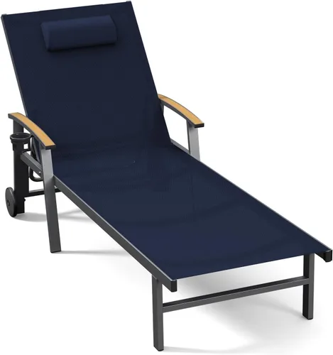 Miniatura 48 de Ciokea Sillón para exteriores con almohada, tumbona de aluminio de 5 posiciones con ruedas y reposabrazos, silla de piscina resistente de 400 libras