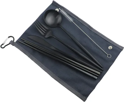 Miniatura 2 de Utensilios de viaje reutilizables, 7 piezas portátiles de acero inoxidable 304, incluyendo cuchillo, tenedor, cuchara, palillos, cepillo