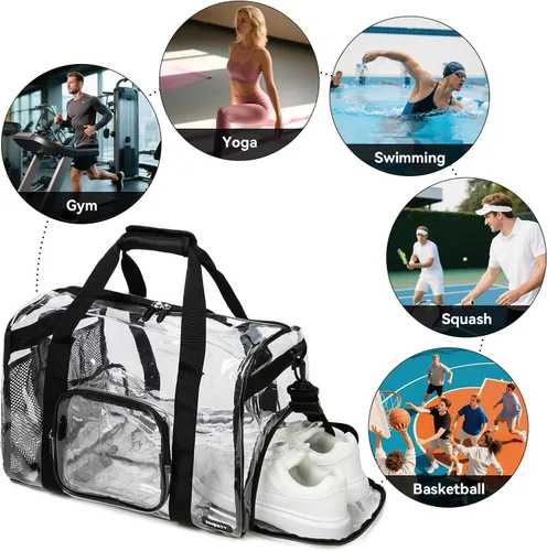 Miniatura 7 de Bolsa de gimnasio transparente grande y resistente con compartimento para zapatos, bolsa deportiva transparente aprobada para estadios con correa