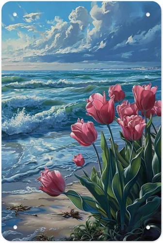 Coastal Tulips with Ocean Waves Metal Tin Sign Wall Decor Retro Sign for Home Living Room Bedroom Coffee Wall Decor Halloween Christmas Gifts