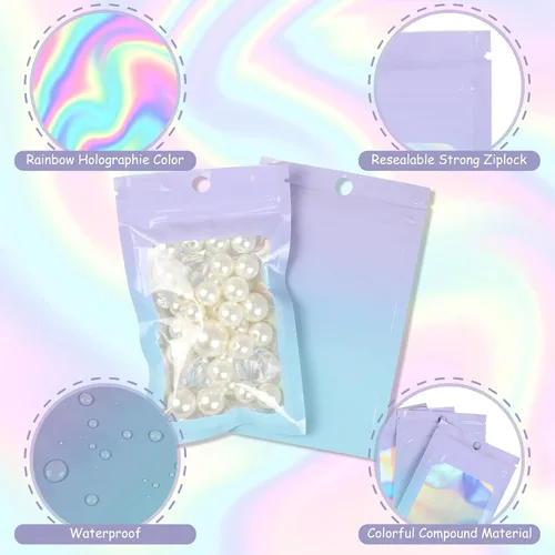 Miniatura 3 de 120 bolsas de tereftalato de polietileno a prueba de olores, bolsa de embalaje holográfica resellable con ventana transparente para alimentos