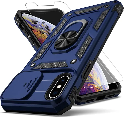 Miniatura 9 de Funda para iPhone X, iPhone Xs, cubierta de lente de cámara deslizante integrada+soporte de anillo de dedo+protector de pantalla, resistente a Negro