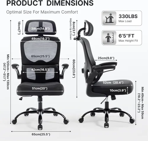 Miniatura 2 de Silla de oficina ergonómica, silla de escritorio de malla de 330 libras con soporte lumbar ajustable, reposacabezas 3D y brazos abatibles, cómoda