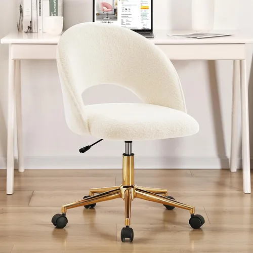 Miniatura 7 de Furnimart - Silla giratoria con ruedas para escritorio, silla ajustable de piel sintética para tocador con patas doradas, linda silla de tareas