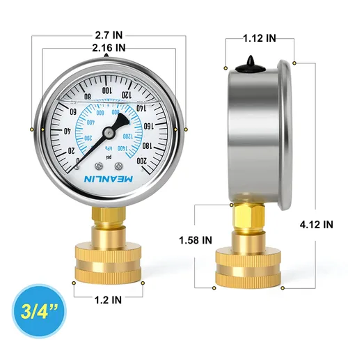 Miniatura 2 de MEANLIN MEASURE 0~200 Psi Manómetro de acero inoxidable, esfera con cara de 2.5 pulgadas, 3/4" hembra, relleno de líquido, presión de agua, aceite