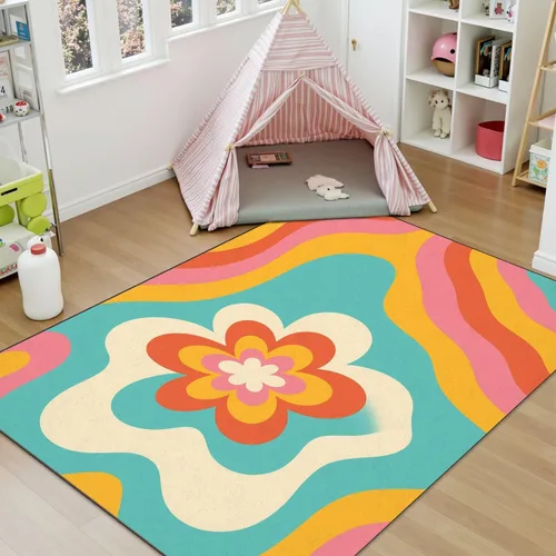 Miniatura 4 de Alfombras bohemias de 4 x 5 para sala de estar, para entrada, estilo retro, psicodélico, psicodélico, ondulado, estilo de los años setenta, alfombra