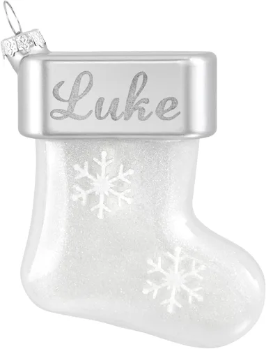 Let's Make Memories Adorno de Navidad personalizado, cristal con forma de calcetín con purpurina, nombre grabado con láser, tono de joya, adorno de
