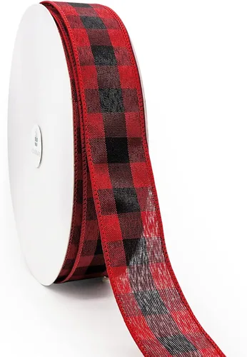 Cinta con alambre de búfalo de Cambridge a cuadros de 1.5 pulgadas x 60 yardas, color negro con rojo para decoración del hogar, decoración del