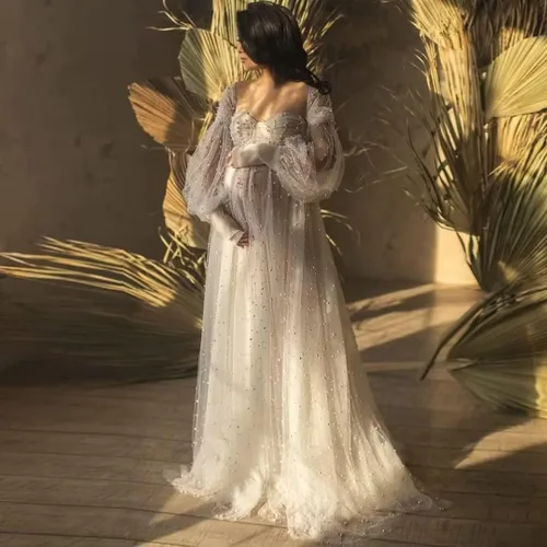 Miniatura 3 de SUOLUOS Vestidos de maternidad de tul perlado para sesión de fotos, hombros descubiertos, lencería nupcial, vestidos de embarazo para baby shower