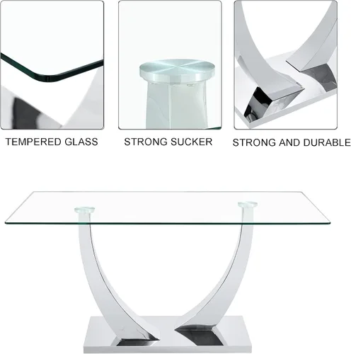 Miniatura 3 de Juego de mesa de comedor de cristal moderno para 4 personas con tapa rectangular de vidrio y 4 sillas de comedor negras de piel sintética, mesa