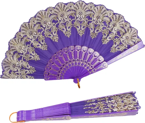 Miniatura 8 de INNOLIFE Abanico de mano plegable español con patrón retro para mujeres, abanico plegable chino de mano para fiestas, baile, bodas y decoración