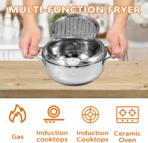 Miniatura 4 de Olla para freír, 2 cuartos de galón/8.2 pulgadas, freidora pequeña de acero inoxidable 304, mini freidora con termómetro, tapa, escurridor de aceite